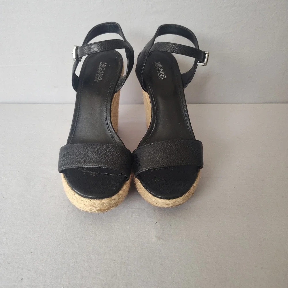 Michael Kors Black Leather Espadrille Wedge Sandals Platform Ankle‎ Strap 7M